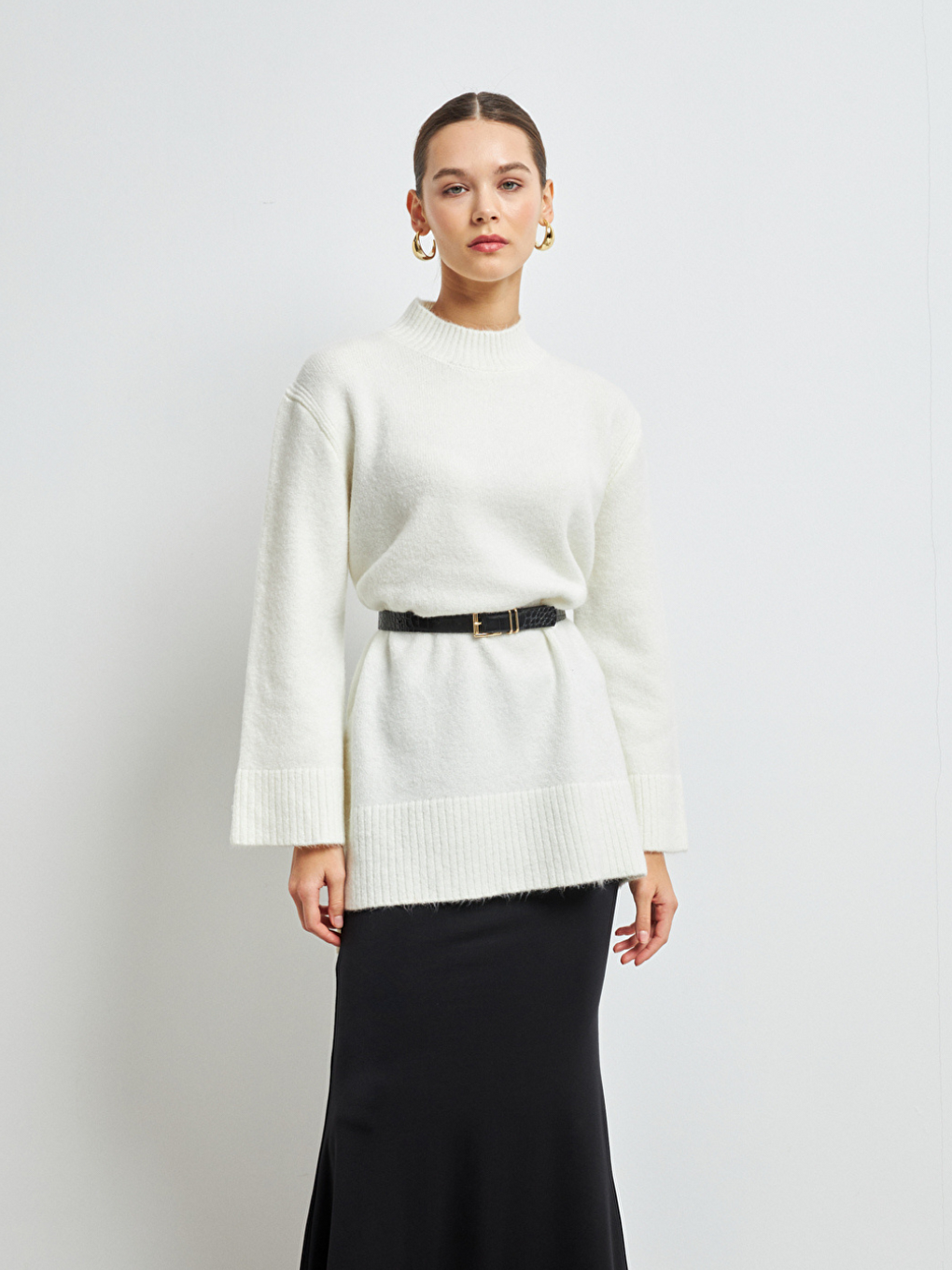 Kadın Ekru Balıkçı Yaka Yumuşak Dokulu Basic Kazak-2