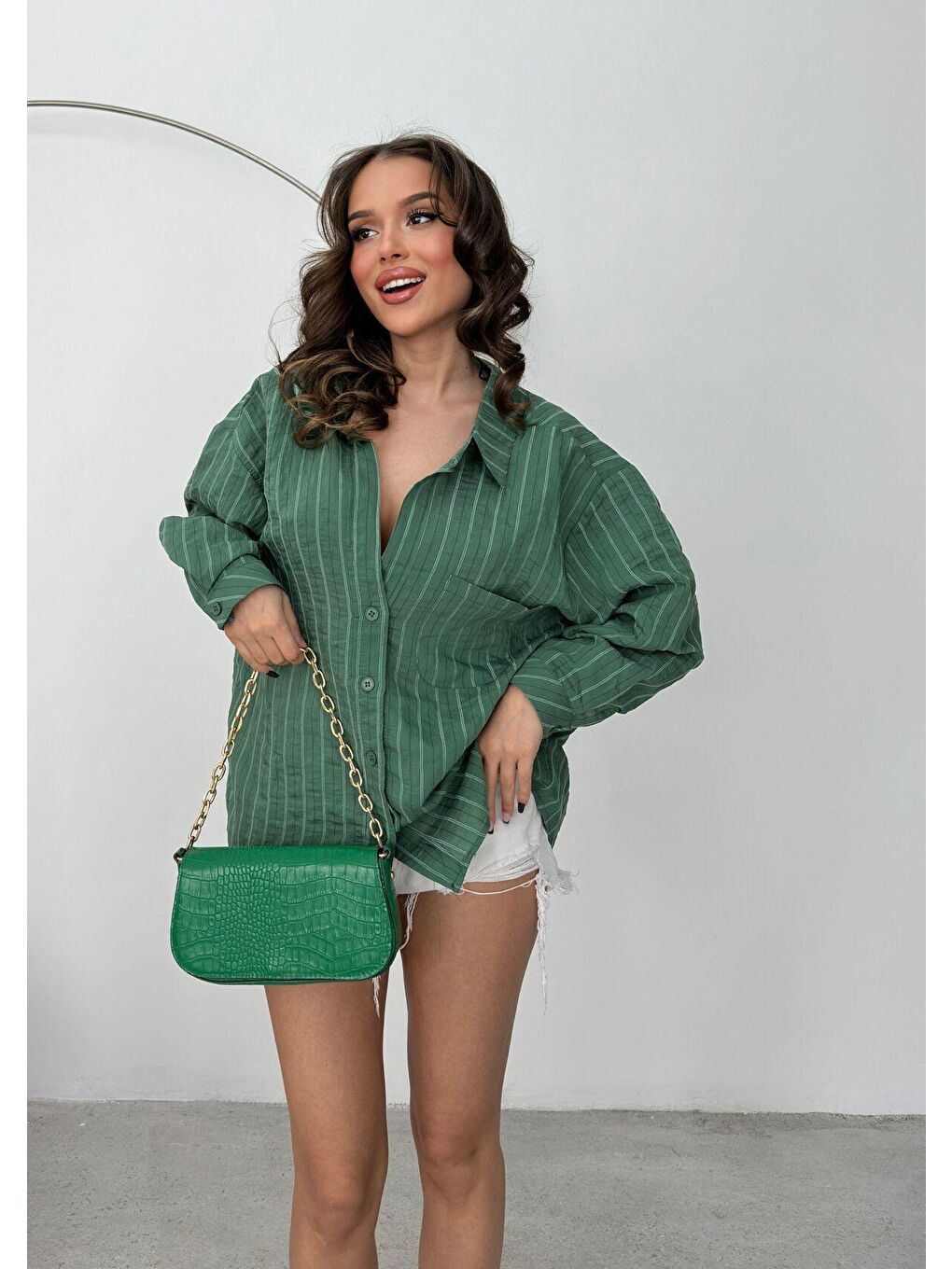 Kadın Yeşil Çizgili Oversize Modal Gömlek