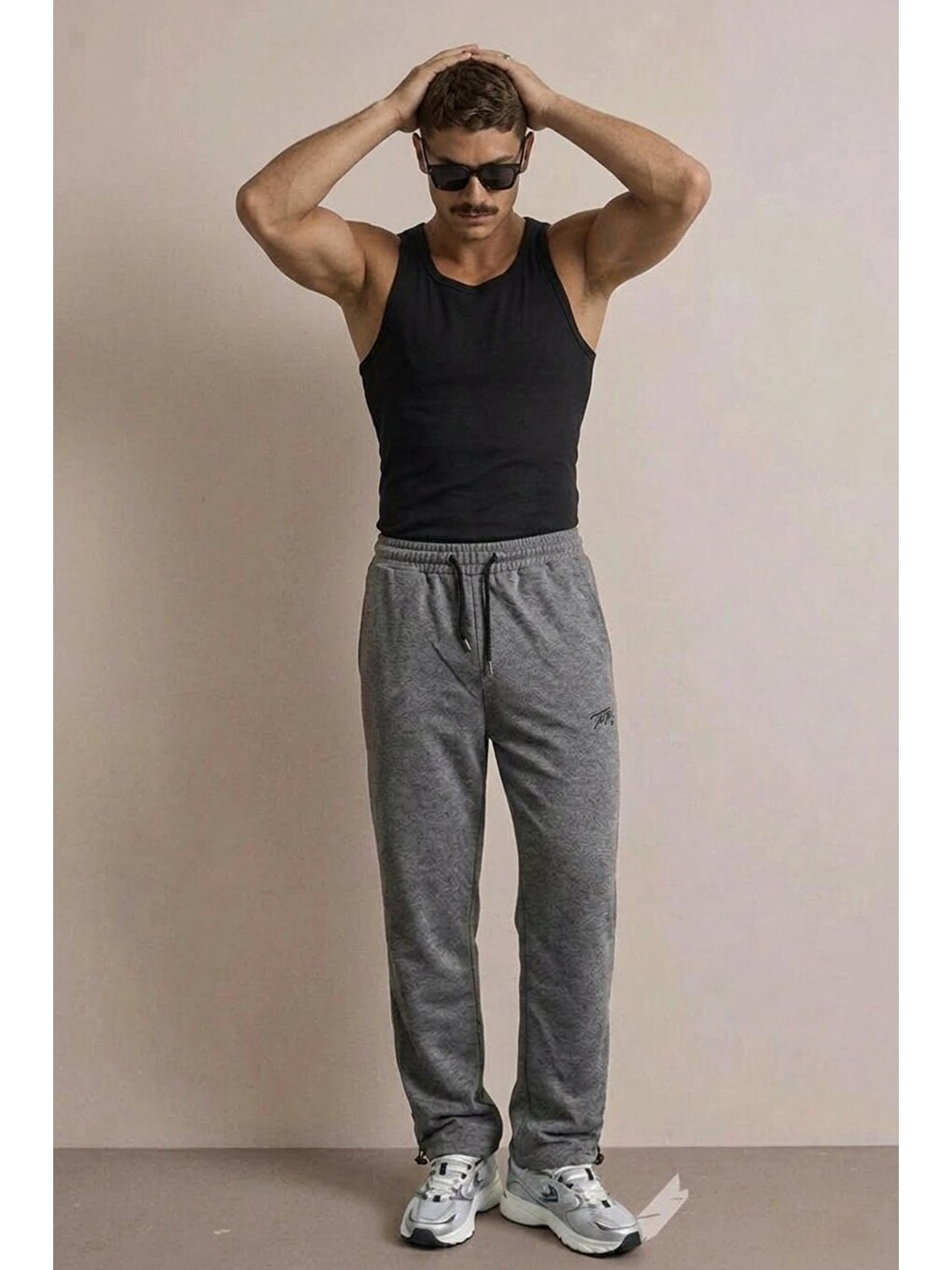 Gri Erkek Günlük Regular Fit Baskılı Füme Eşofman Altı-3
