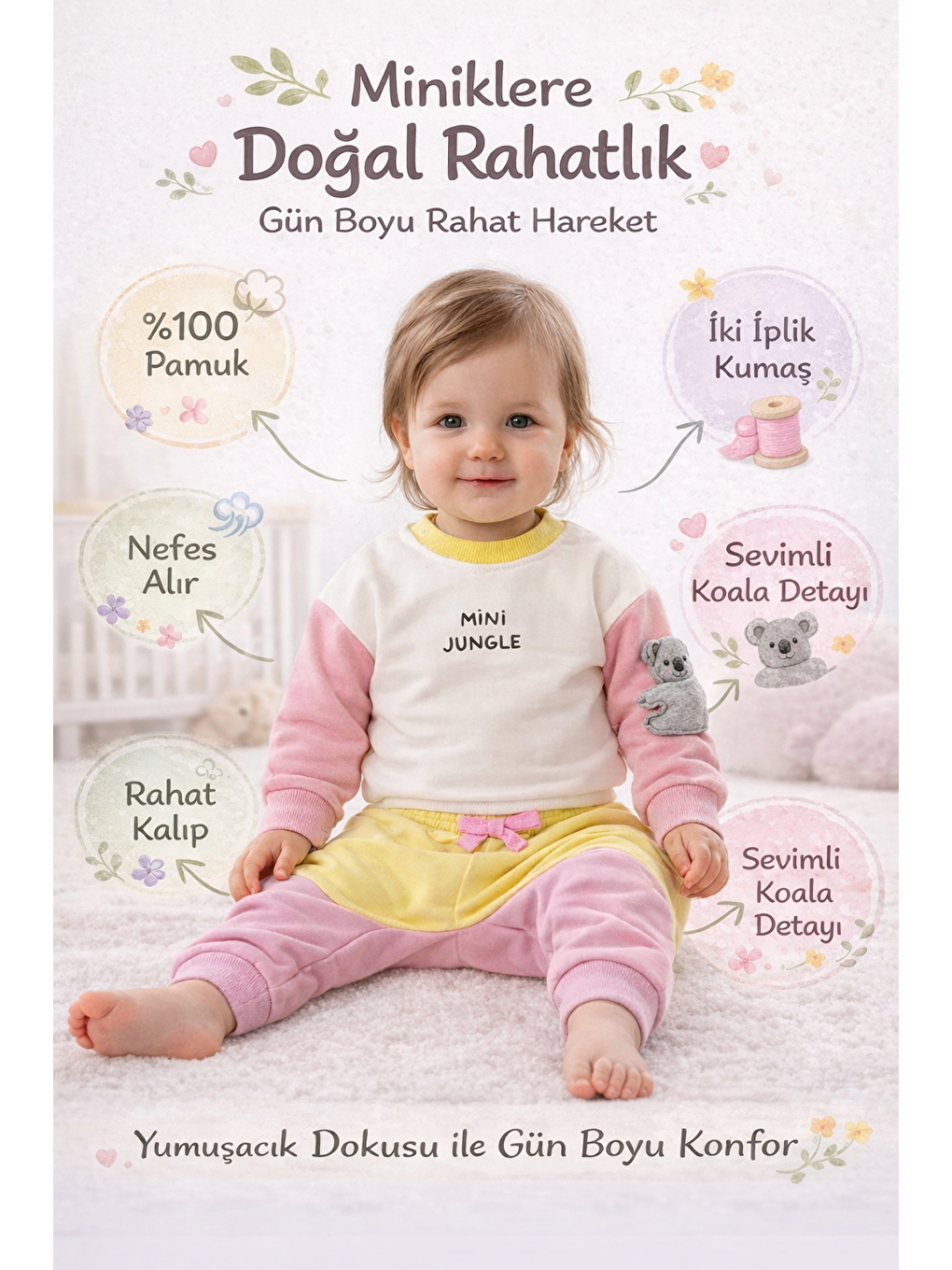 Beyaz Kız Bebek Pamuklu Eşofman Takımı Mini Jungle Baskılı İki İplik Rahat Kalıp-3