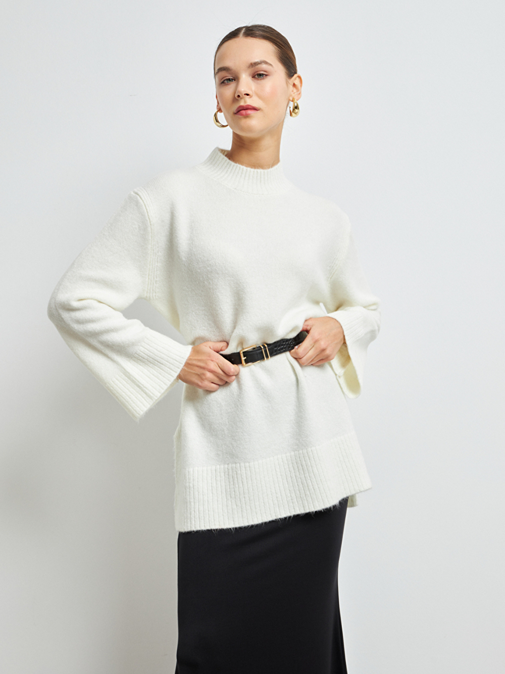 Kadın Ekru Balıkçı Yaka Yumuşak Dokulu Basic Kazak-3