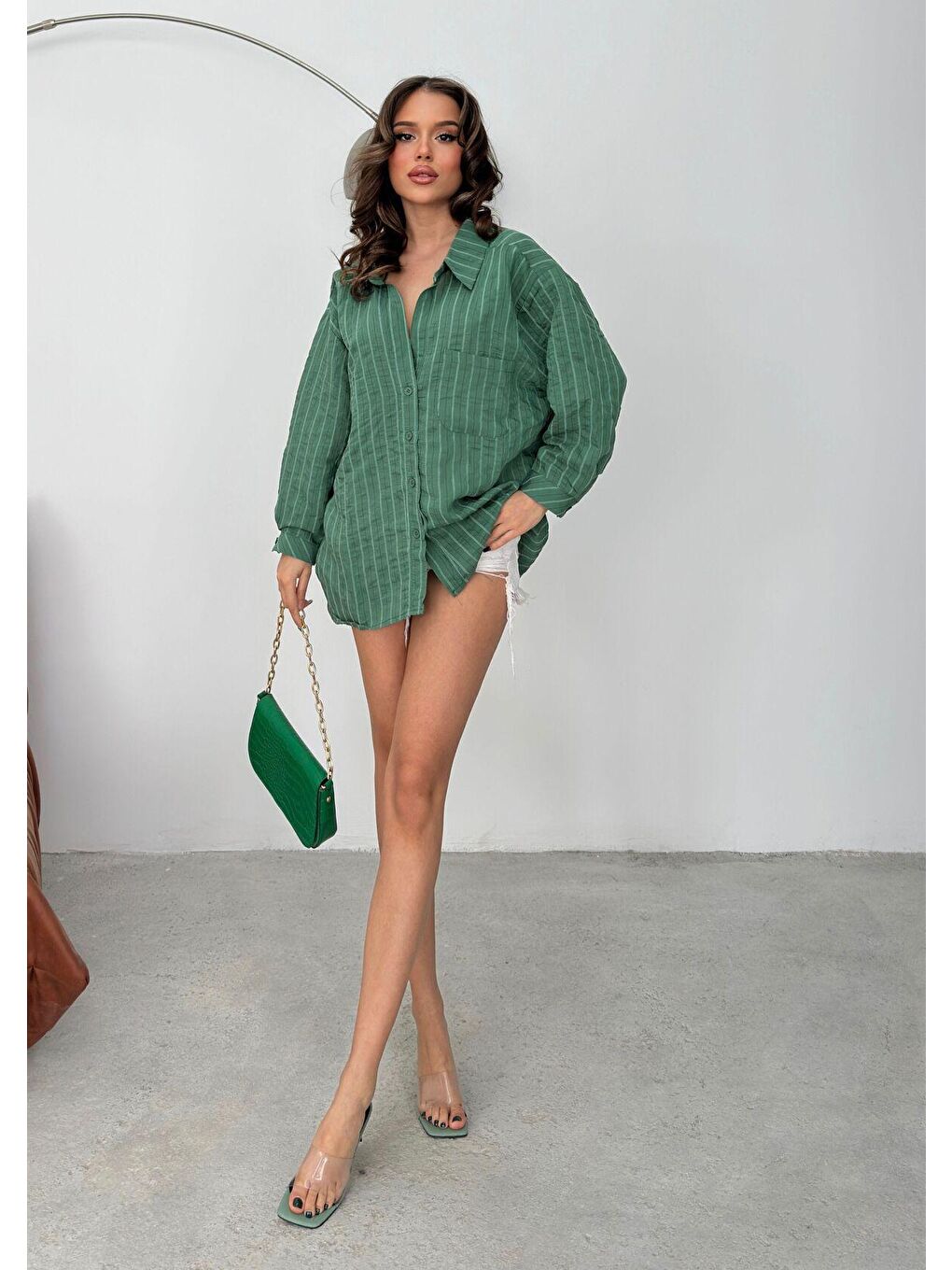 Kadın Yeşil Çizgili Oversize Modal Gömlek-1