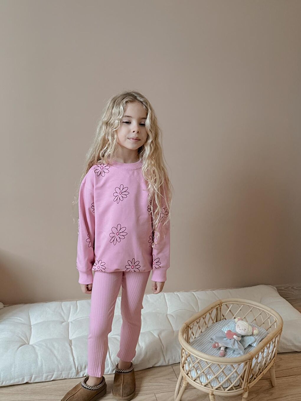 Kız Çocuk Pamuklu Sweatshirt Tayt İkili Takım Pembe-1