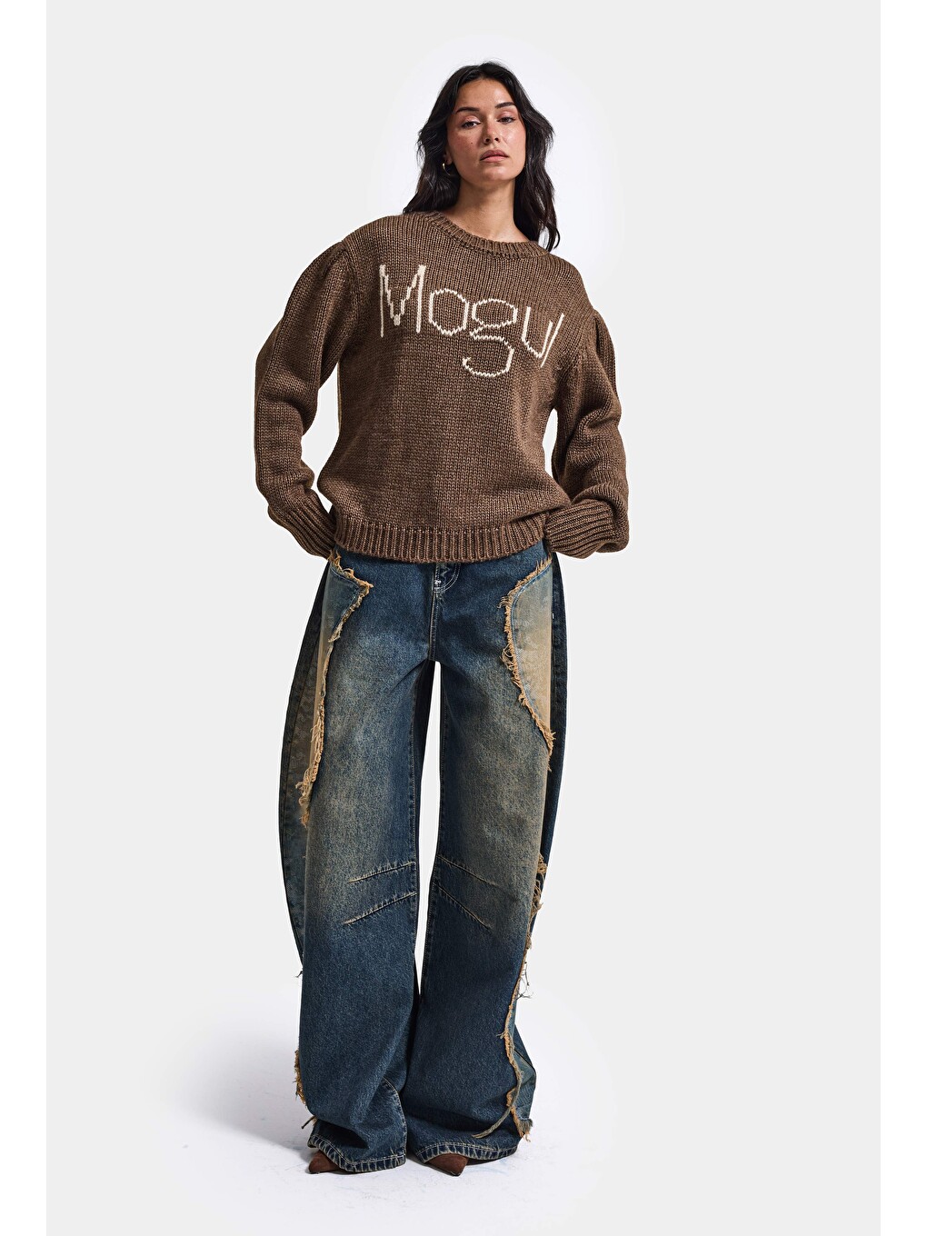 Kahverengi Kadın Kahve W6-81 Mogul Nakışlı Oversize Tasarım Triko Kazak-3