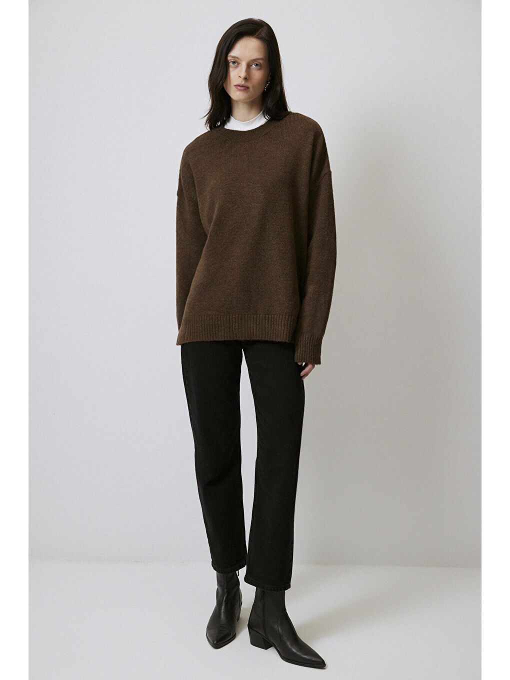 Kahverengi Düz Renk Oversıze Kazak