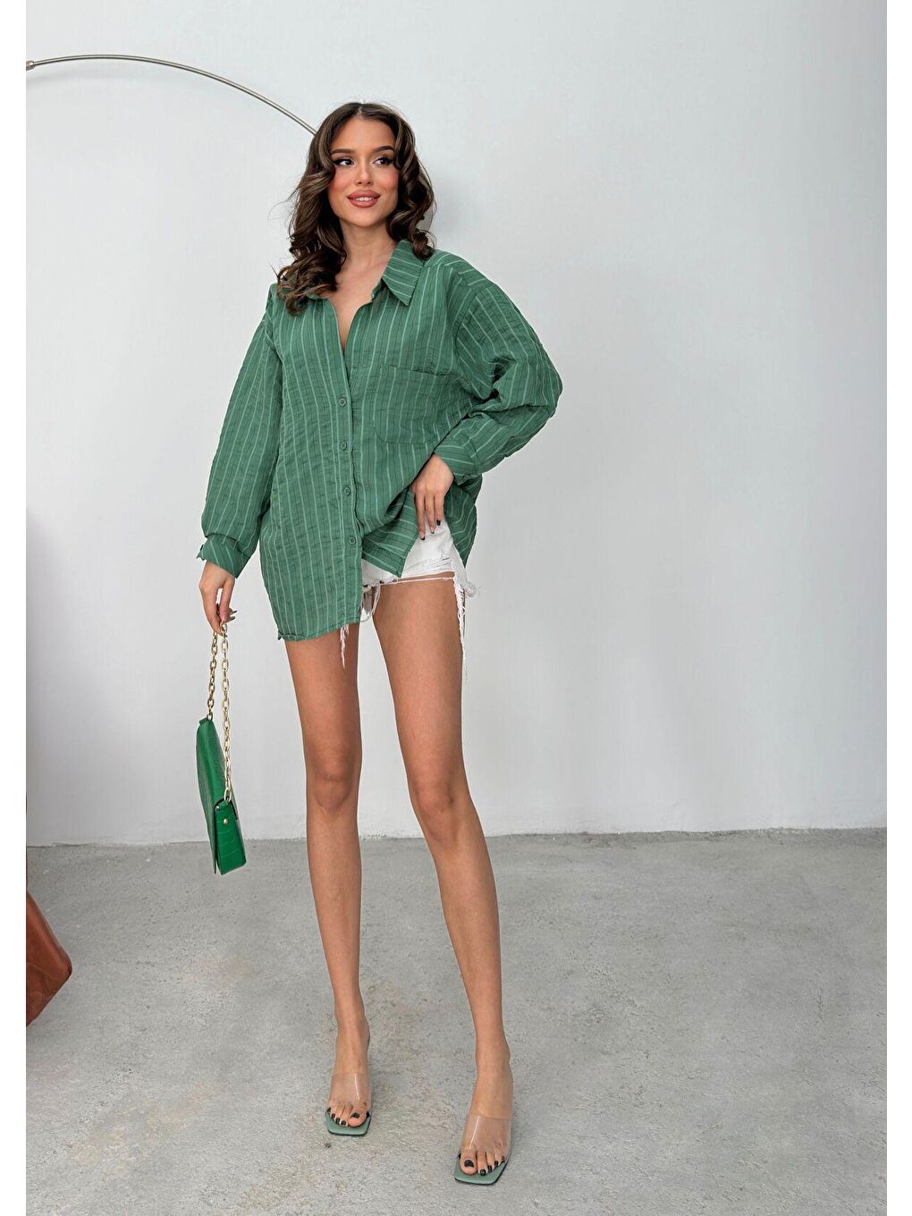Kadın Yeşil Çizgili Oversize Modal Gömlek-2