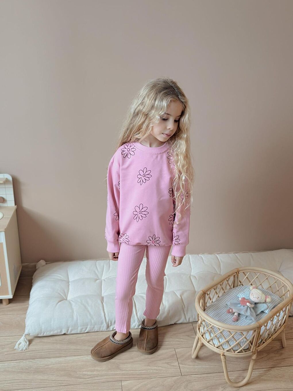 Kız Çocuk Pamuklu Sweatshirt Tayt İkili Takım Pembe-2
