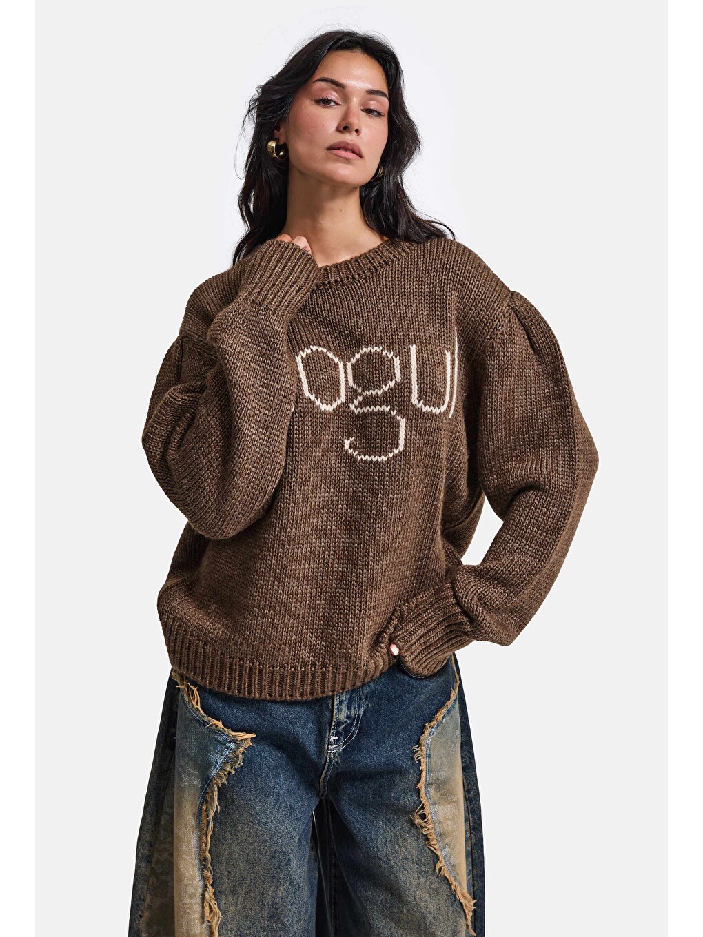 Kahverengi Kadın Kahve W6-81 Mogul Nakışlı Oversize Tasarım Triko Kazak-4