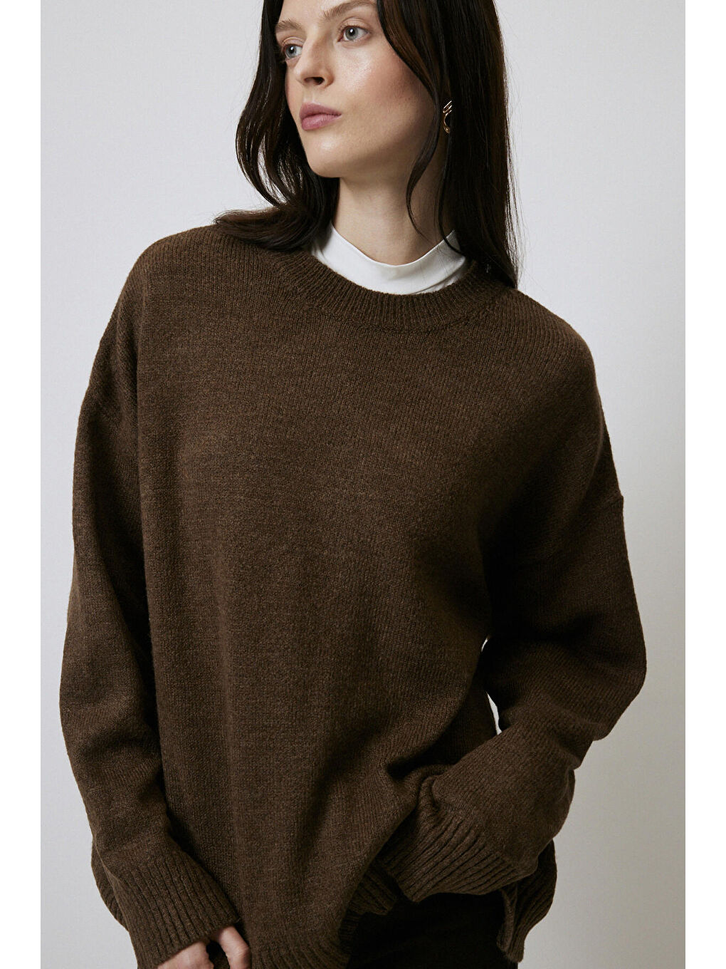 Kahverengi Düz Renk Oversıze Kazak-2