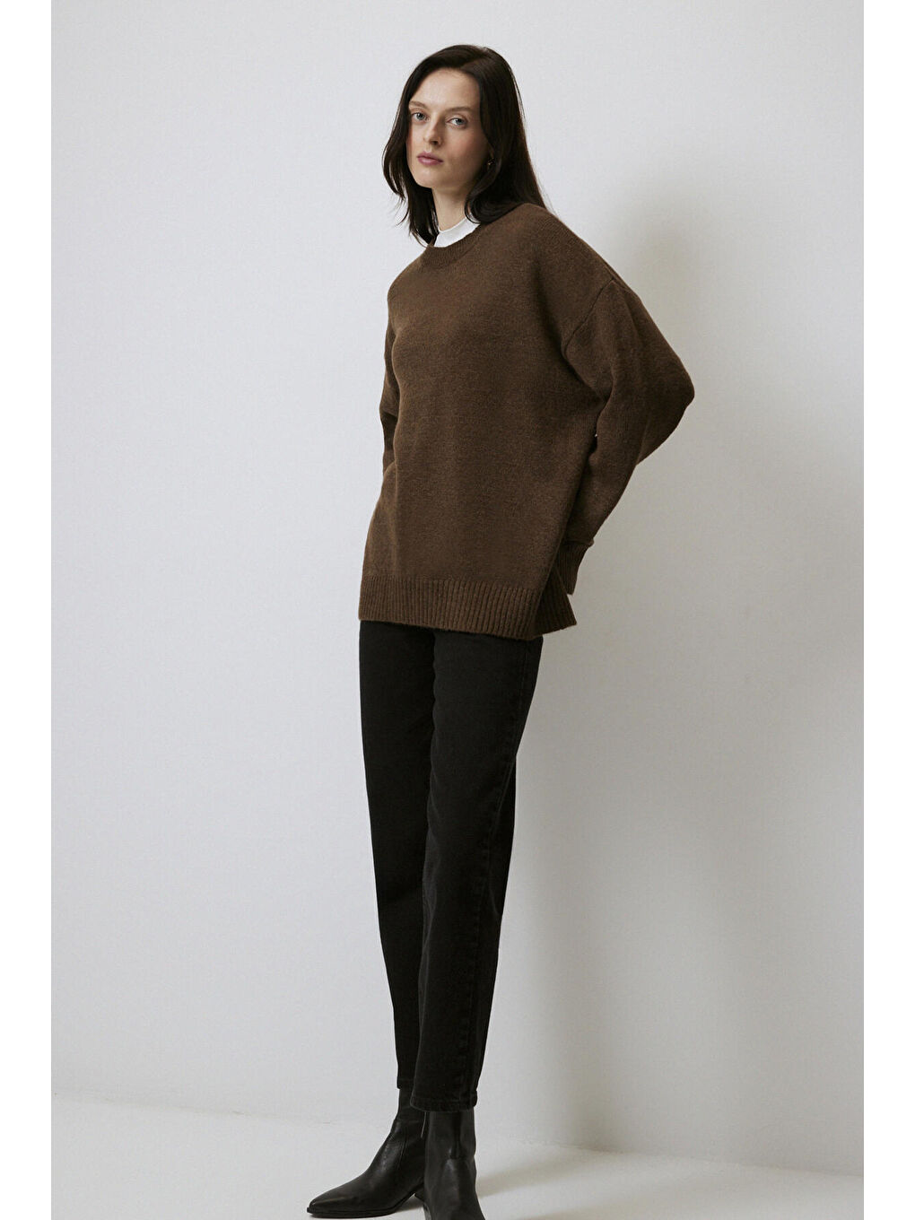 Kahverengi Düz Renk Oversıze Kazak-3