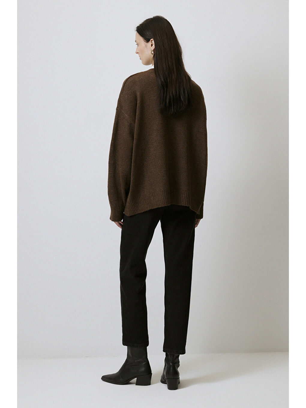 Kahverengi Düz Renk Oversıze Kazak-4