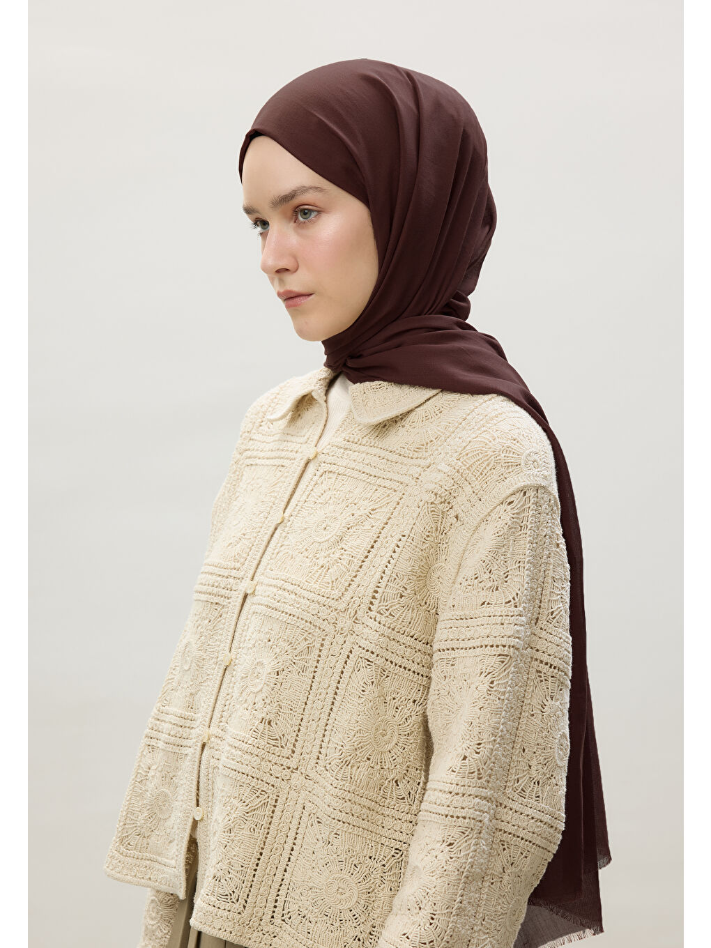 Kahverengi İnce Pamuk Vual Şal Bitter-4