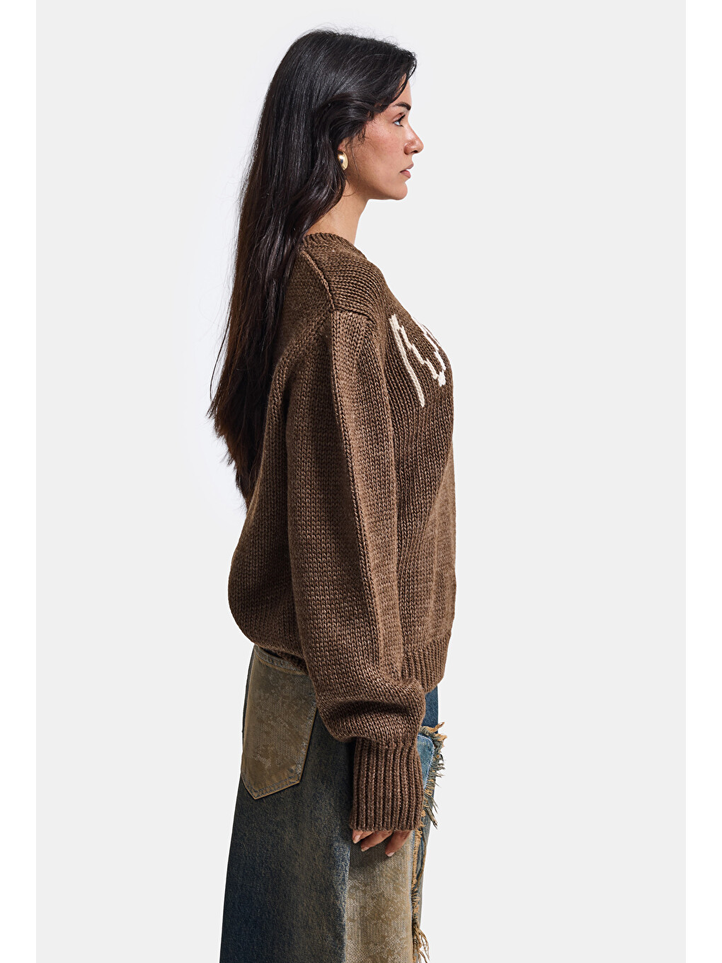 Kahverengi Kadın Kahve W6-81 Mogul Nakışlı Oversize Tasarım Triko Kazak-6