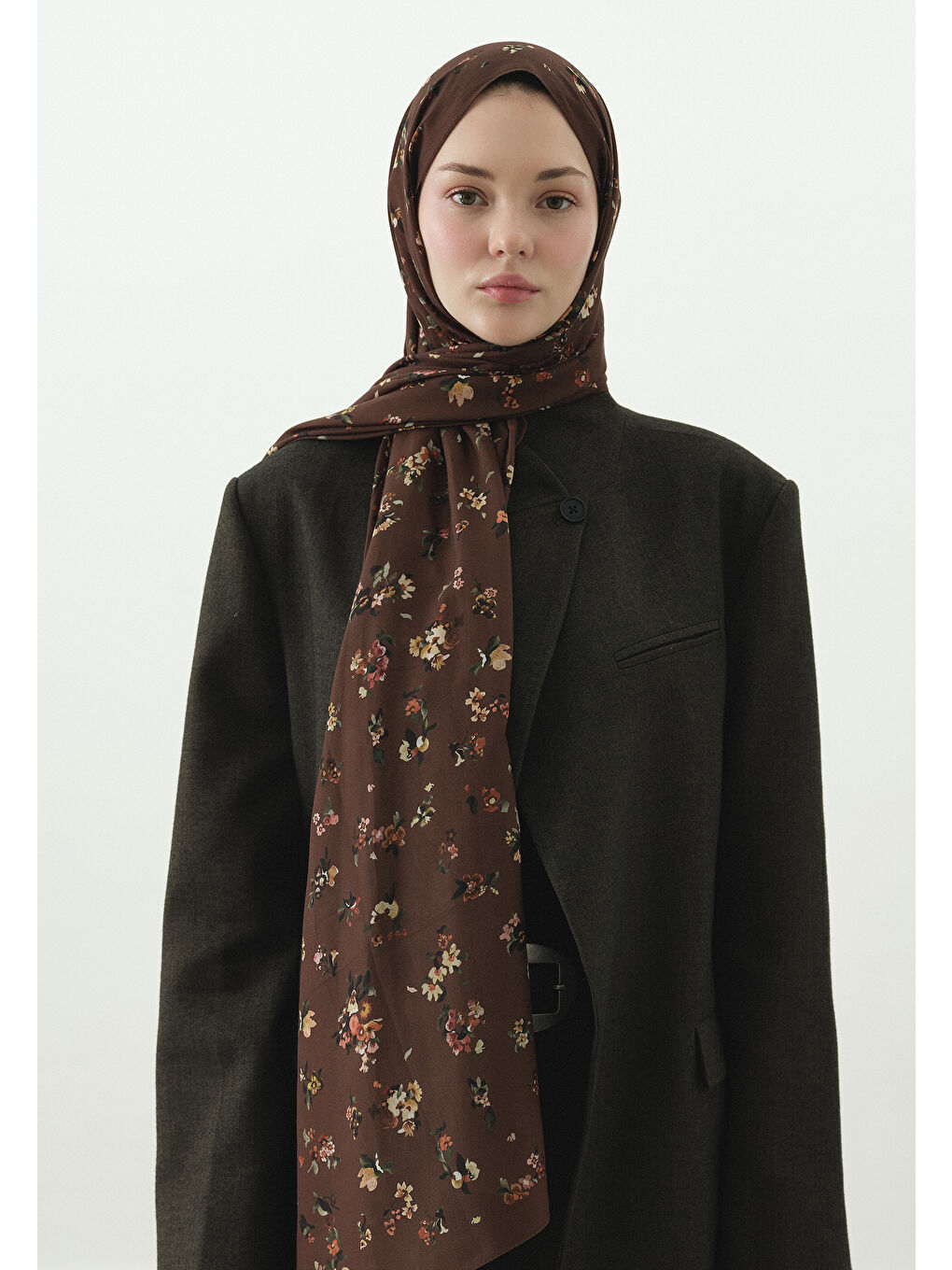 Kahverengi TINY BLOOMS DESENLİ PAMUK VİSKON ŞAL SICAK KAHVE-1