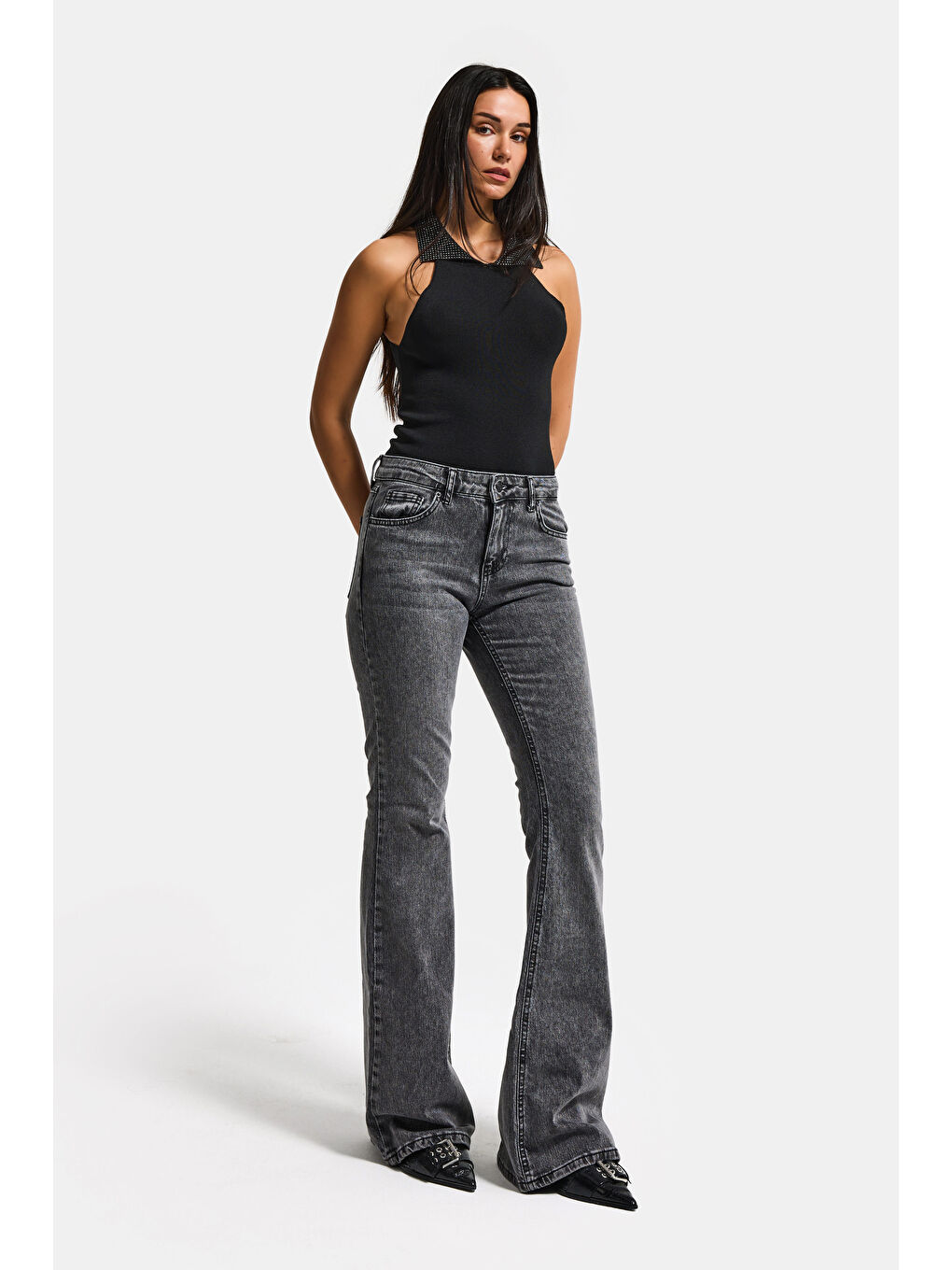 Gri Kadın Füme 4s6-14 Mid Rise Flare Fit Esnek Kumaş Denim Jean