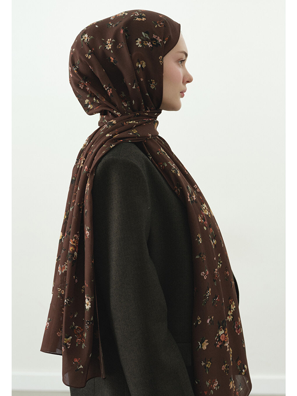 Kahverengi TINY BLOOMS DESENLİ PAMUK VİSKON ŞAL SICAK KAHVE-2