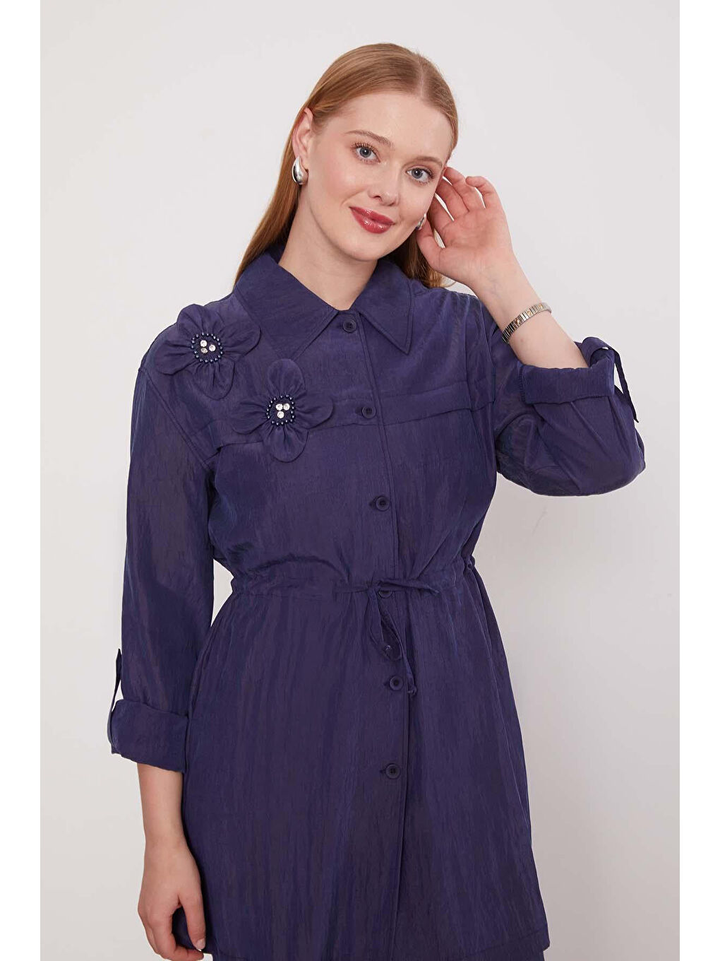 Çiçek Detay Gömlek Pantolon Takım 100796 Lacivert-1