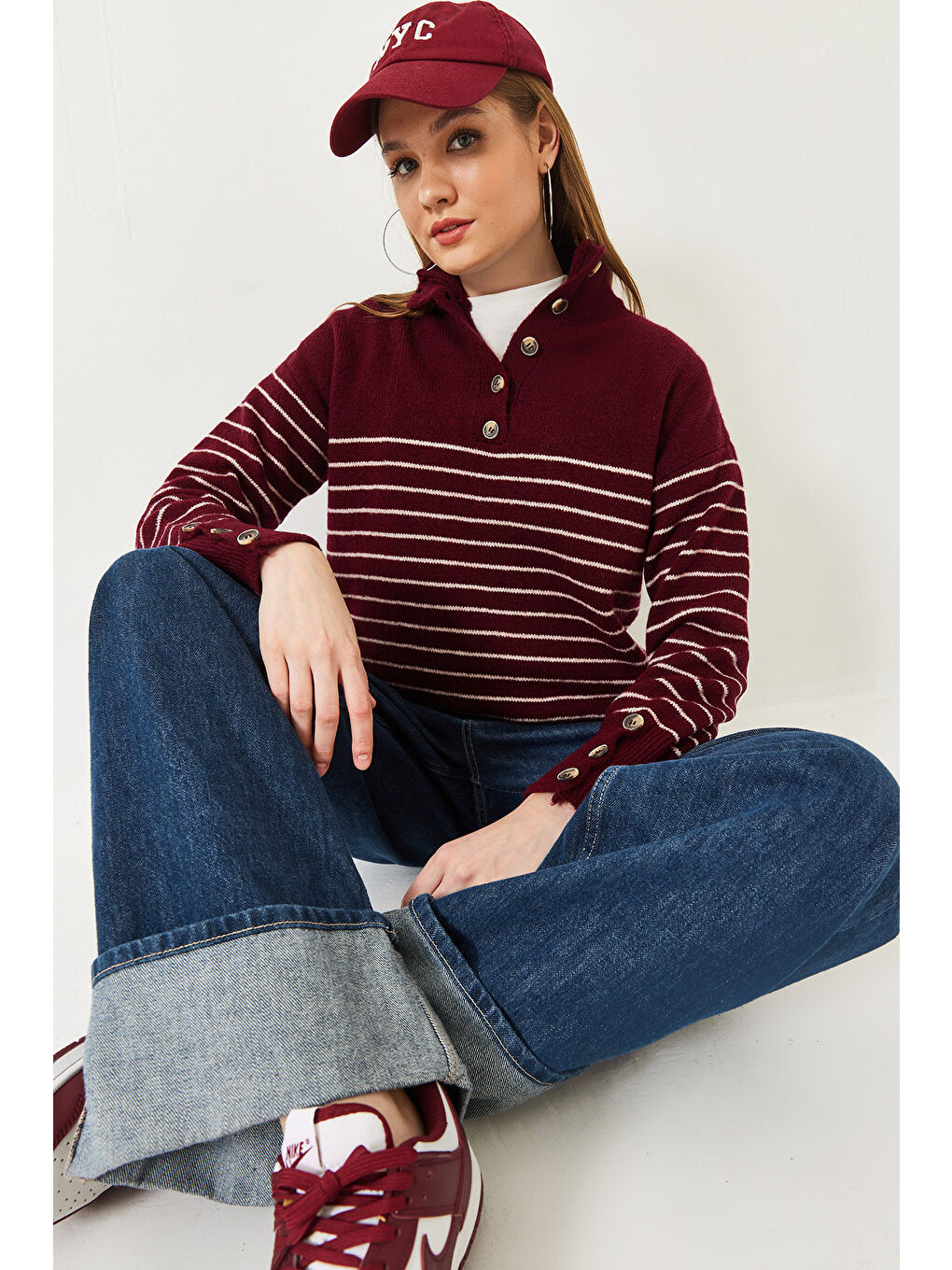 Haki Kadın Kolu Düğmeli Patlı Triko Kazak