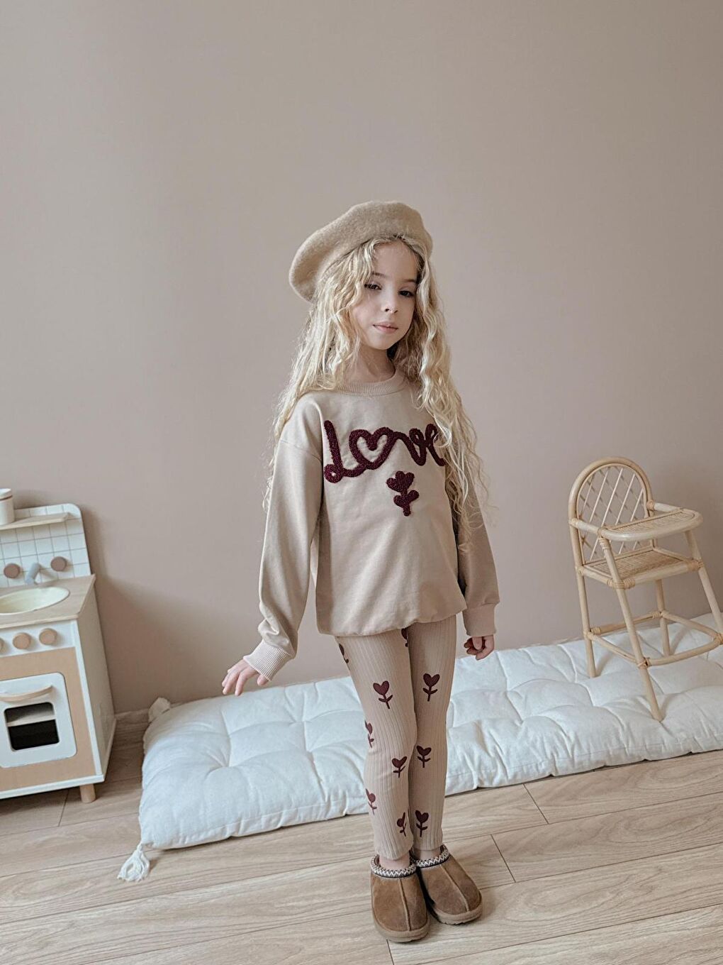 Kız Çocuk Pamuklu Sweatshirt Tayt İkili Takım Bej-1