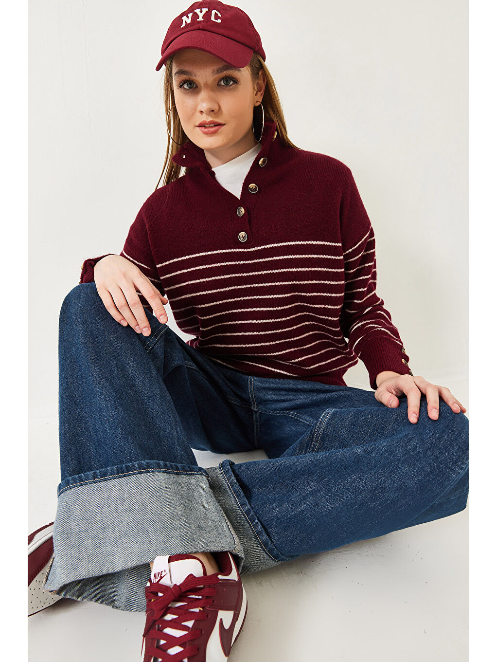 Haki Kadın Kolu Düğmeli Patlı Triko Kazak-1