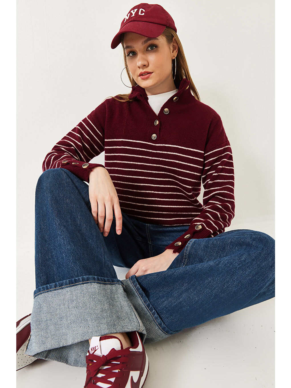 Haki Kadın Kolu Düğmeli Patlı Triko Kazak-2