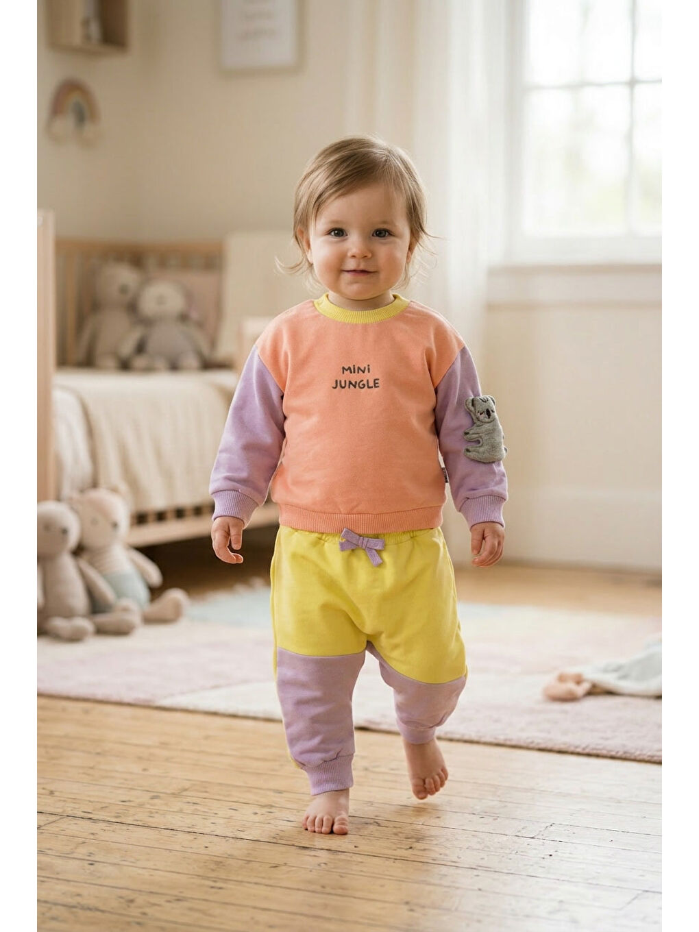 Pembe Kız Bebek Pamuklu Eşofman Takımı Mini Jungle Baskılı İki İplik Rahat Kalıp-1