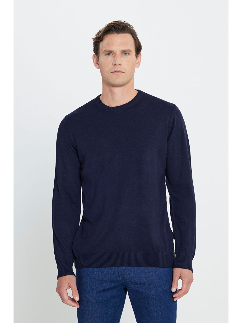 Erkek Lacivert Anti-Pilling Tüylenme Yapmayan Standart Fit Normal Kesim Bisiklet Yaka Triko Kazak-2