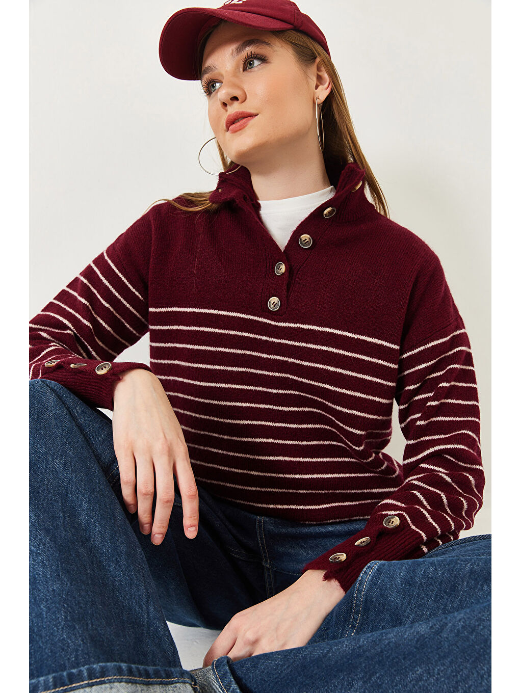 Haki Kadın Kolu Düğmeli Patlı Triko Kazak-3