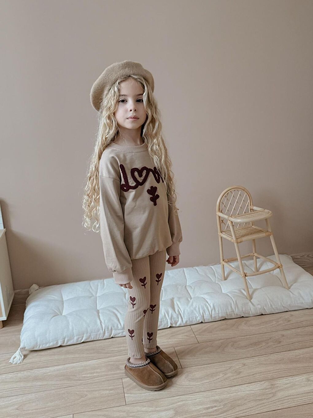 Kız Çocuk Pamuklu Sweatshirt Tayt İkili Takım Bej-2