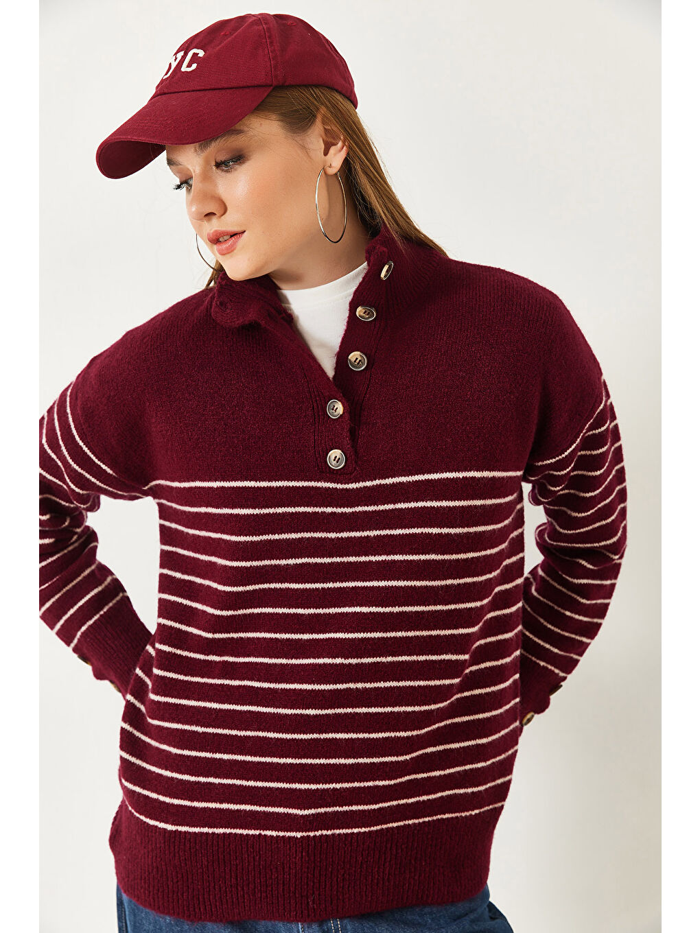 Haki Kadın Kolu Düğmeli Patlı Triko Kazak-4