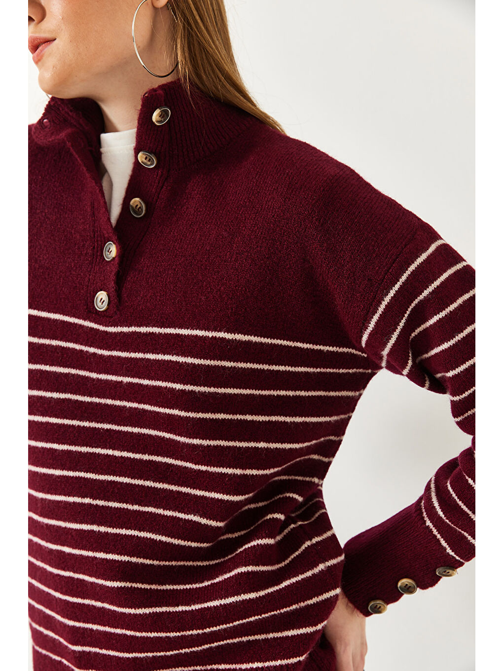 Haki Kadın Kolu Düğmeli Patlı Triko Kazak-5