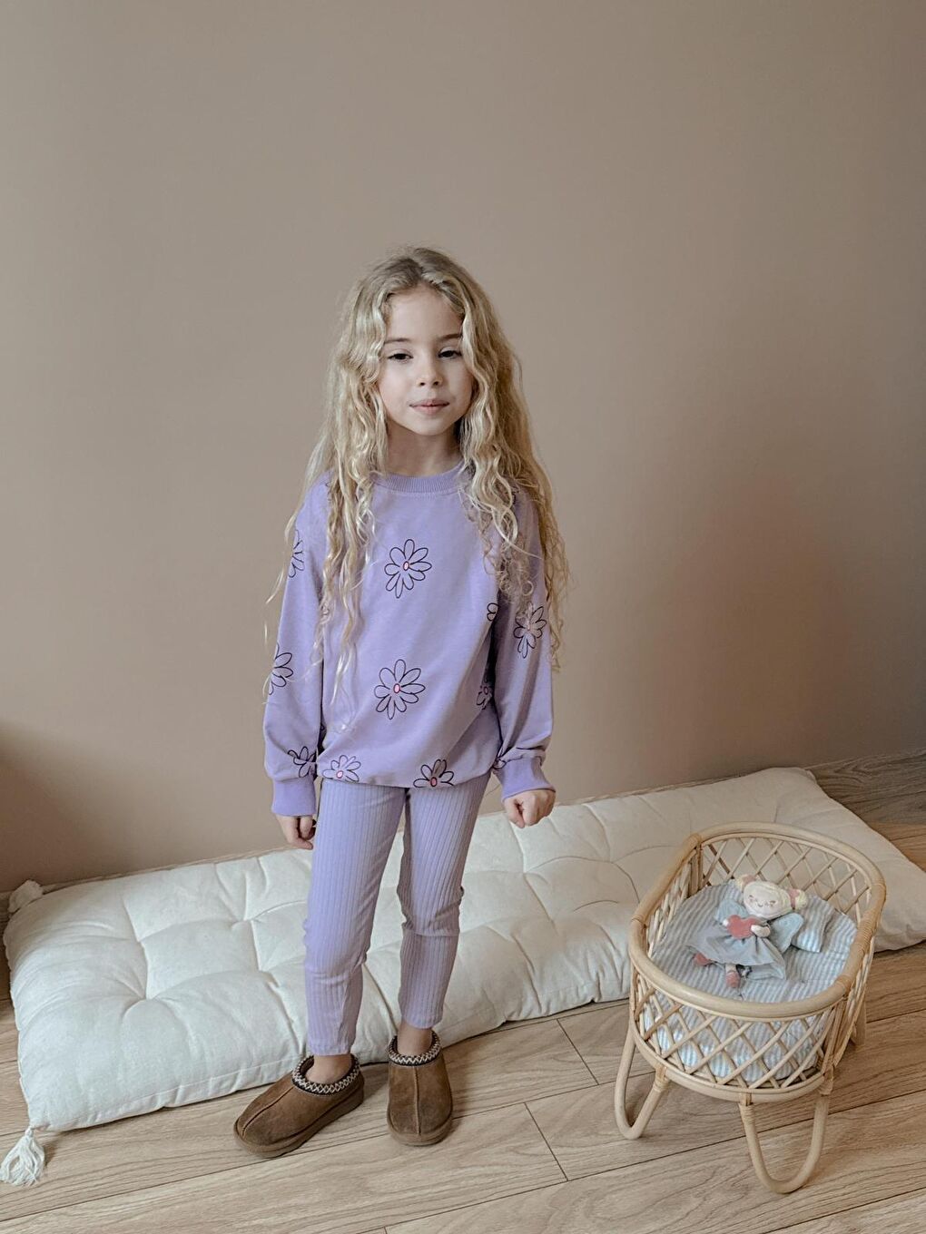 Kız Çocuk Pamuklu Sweatshirt Tayt İkili Takım Lila