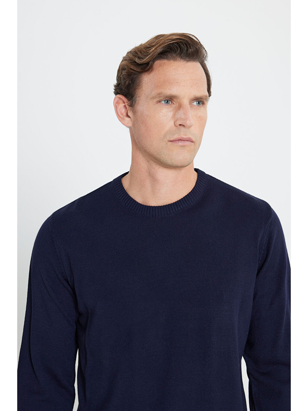 Erkek Lacivert Anti-Pilling Tüylenme Yapmayan Standart Fit Normal Kesim Bisiklet Yaka Triko Kazak-3