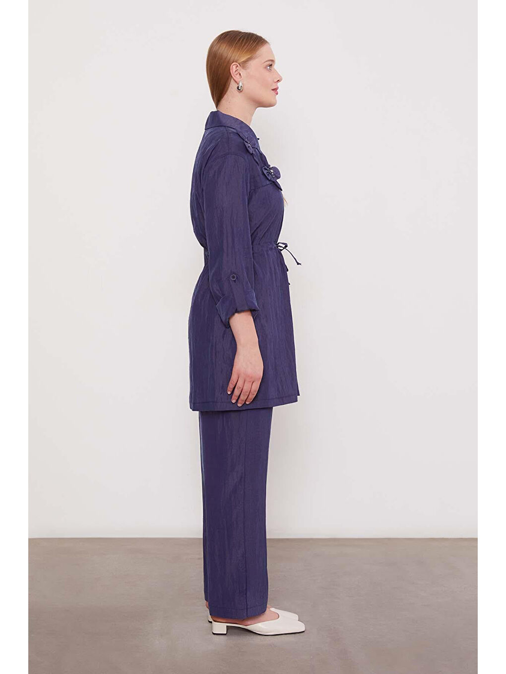 Çiçek Detay Gömlek Pantolon Takım 100796 Lacivert-4