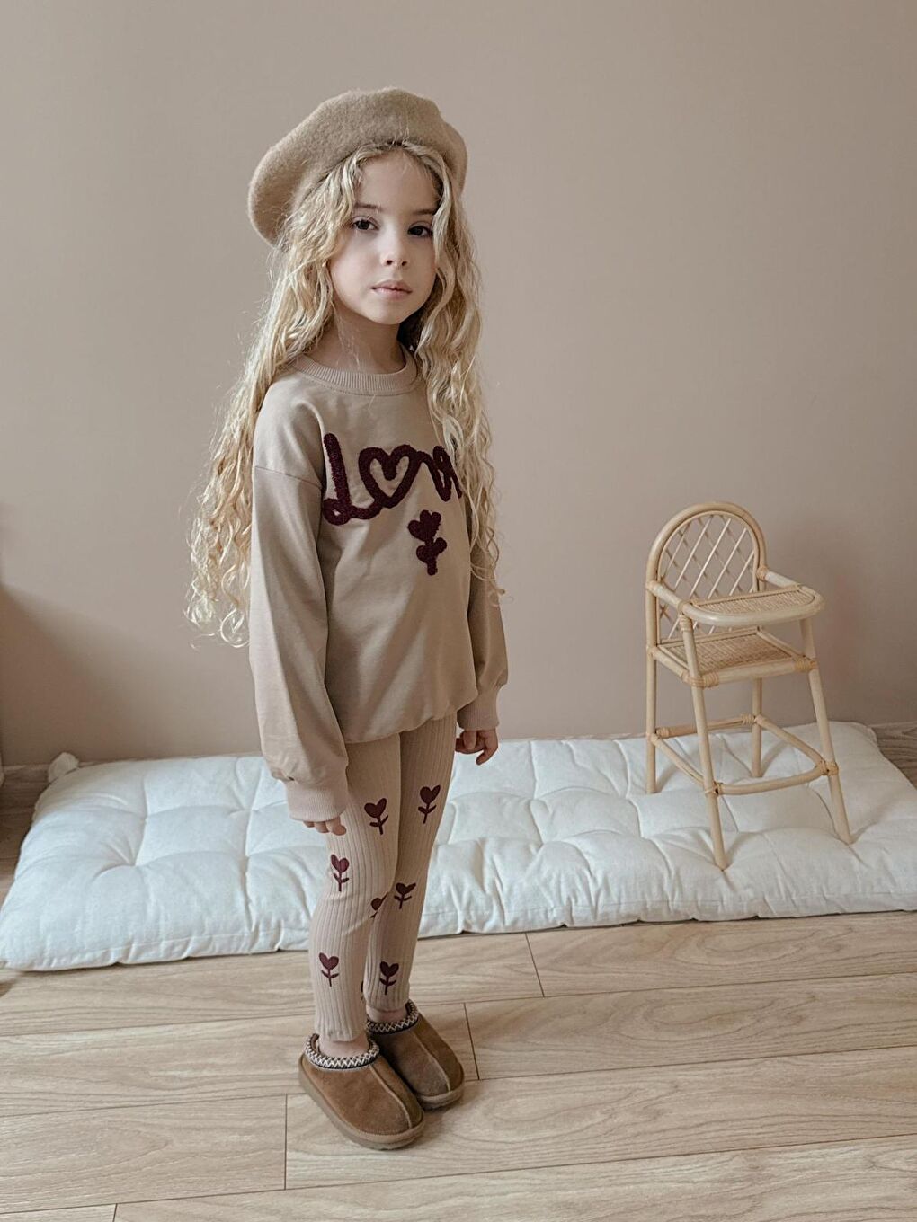 Kız Çocuk Pamuklu Sweatshirt Tayt İkili Takım Bej-3