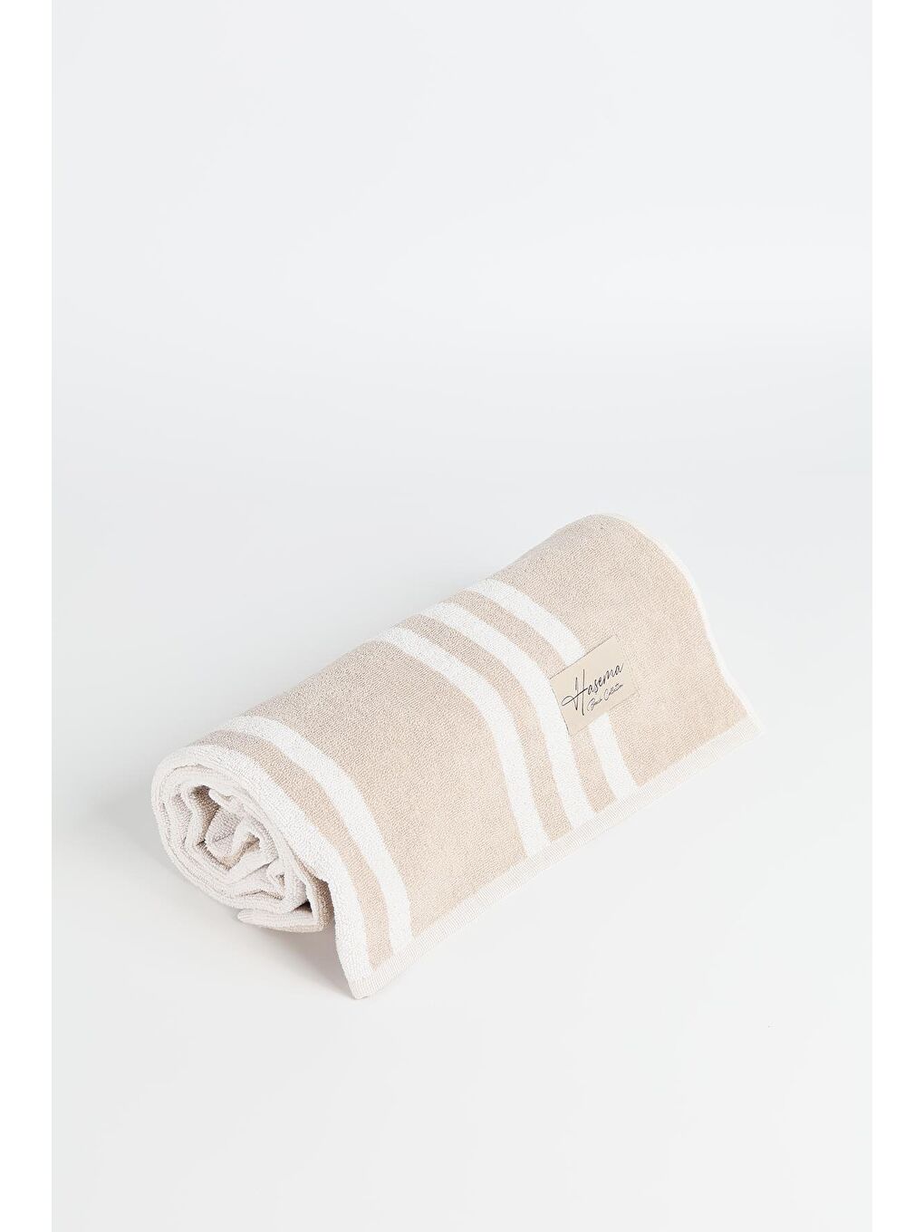 Ekru Bej Şerit Detaylı Beyaz Plaj Havlusu 28-2