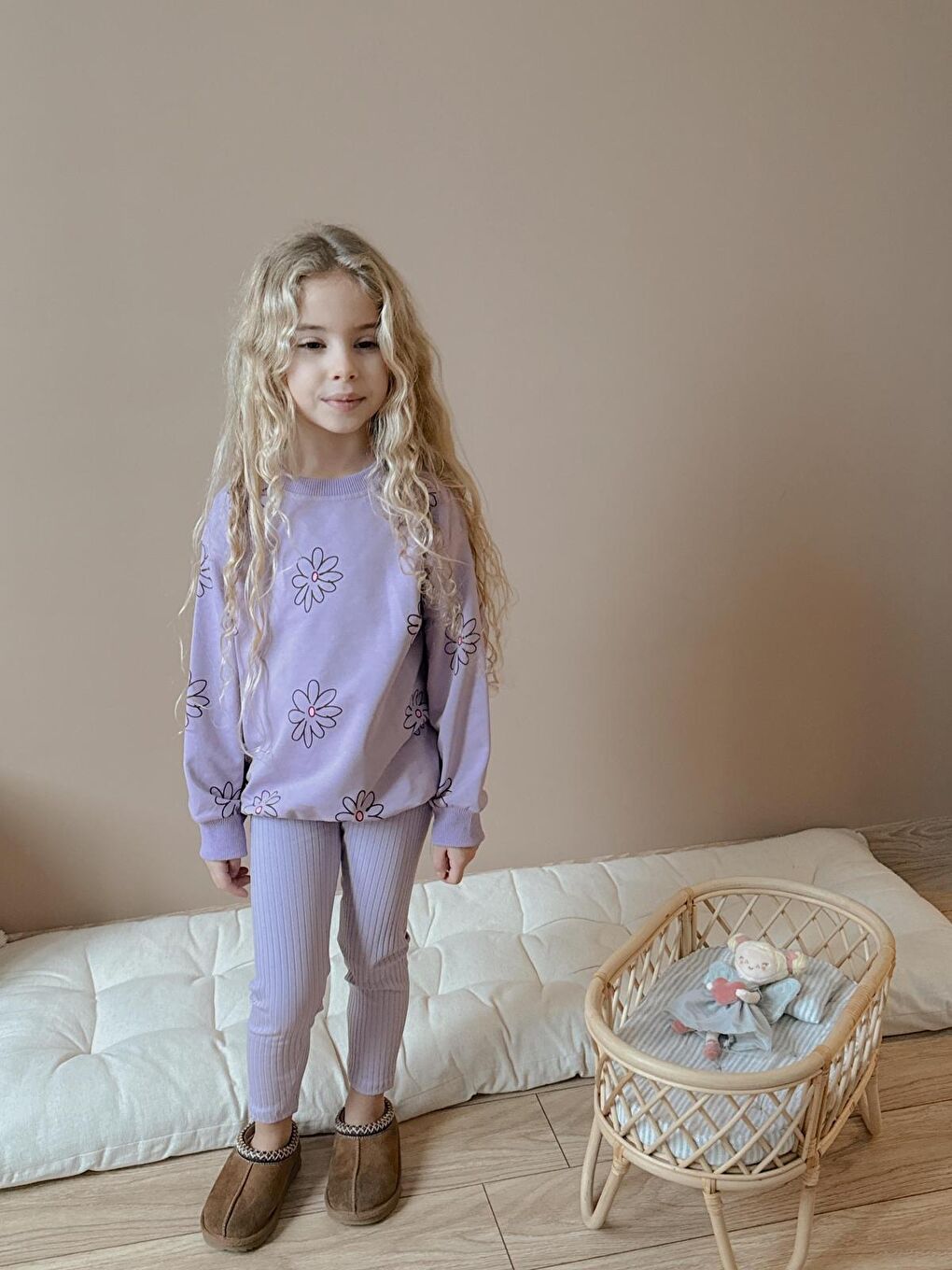 Kız Çocuk Pamuklu Sweatshirt Tayt İkili Takım Lila-1