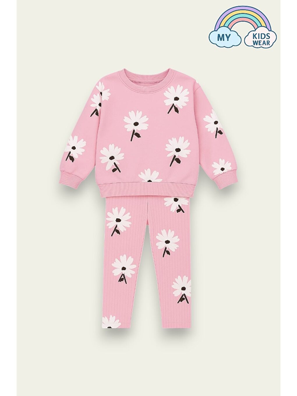 Pembe Kız Çocuk Desenli İkili Takım (Sweatshirt + Tayt) 2-8 Yaş 12073