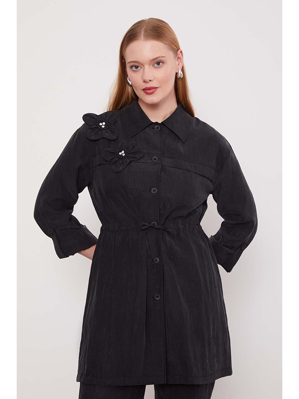 Çiçek Detay Gömlek Pantolon Takım 100796 Siyah-1