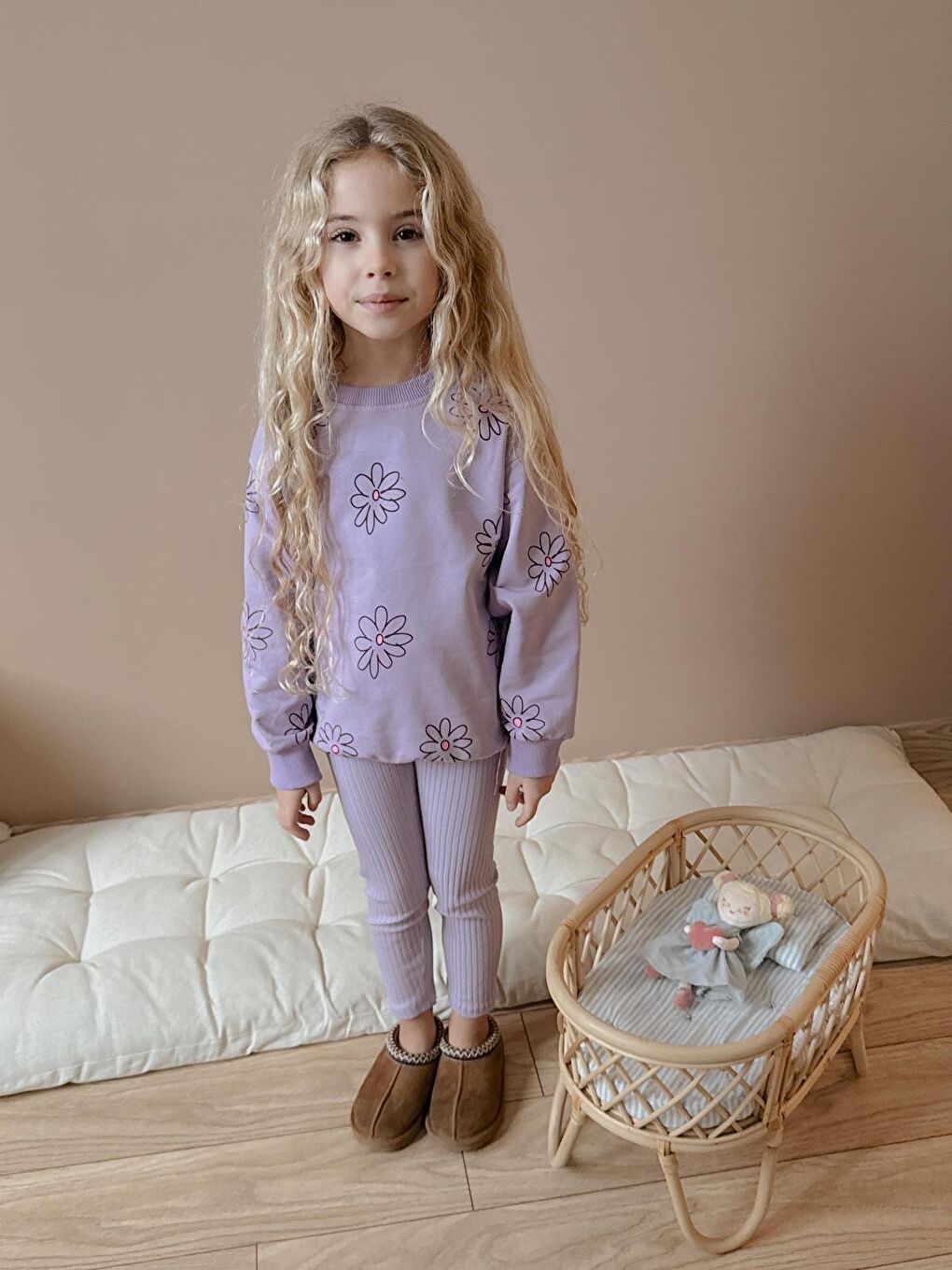 Kız Çocuk Pamuklu Sweatshirt Tayt İkili Takım Lila-2