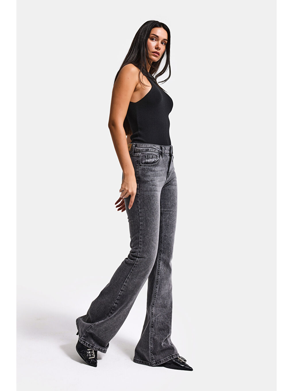 Gri Kadın Füme 4s6-14 Mid Rise Flare Fit Esnek Kumaş Denim Jean-5