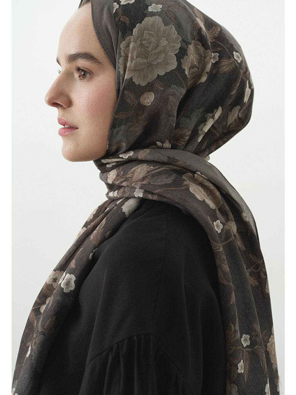 Gri REVERIE DESENLİ PAMUK VİSKON ŞAL FÜME-3