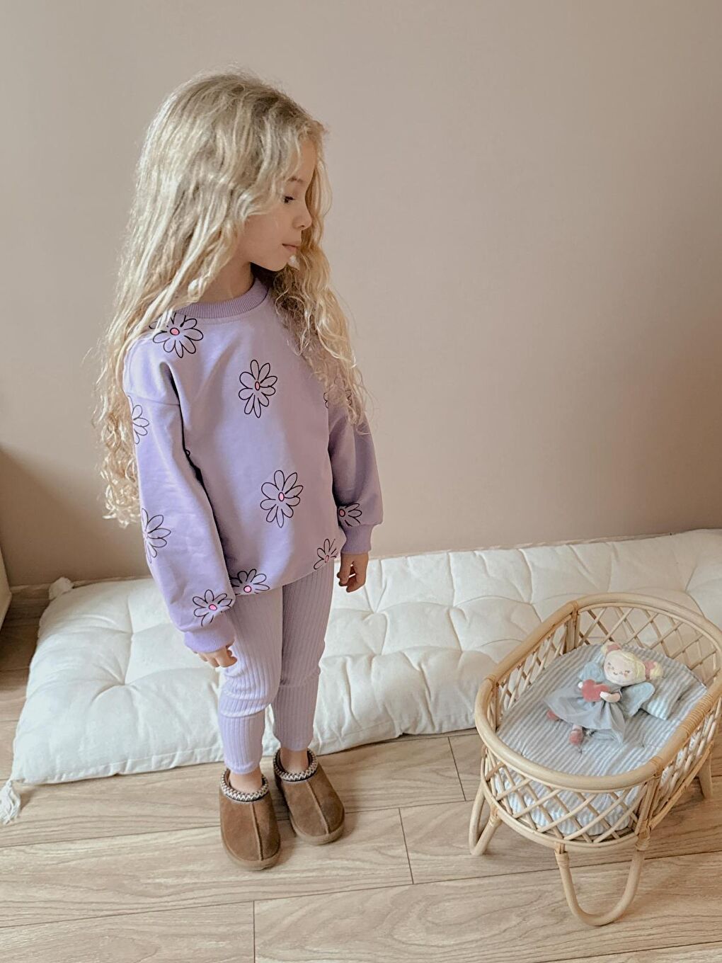 Kız Çocuk Pamuklu Sweatshirt Tayt İkili Takım Lila-3