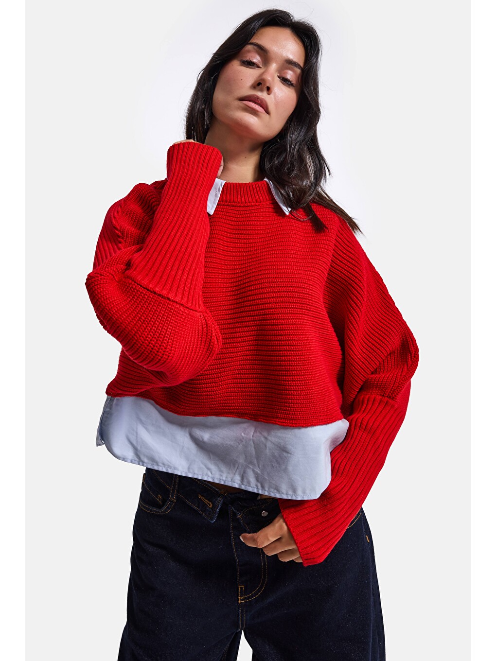 Kadın Kırmızı W6-19 Oversize Tek Parça Gömlek Yaka Detaylı Tasarım Triko Kazak-1