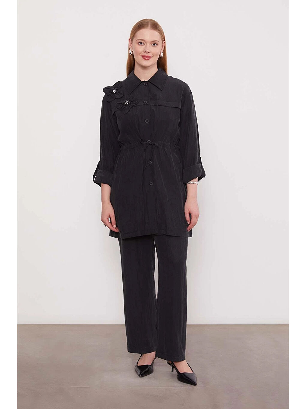 Çiçek Detay Gömlek Pantolon Takım 100796 Siyah-2