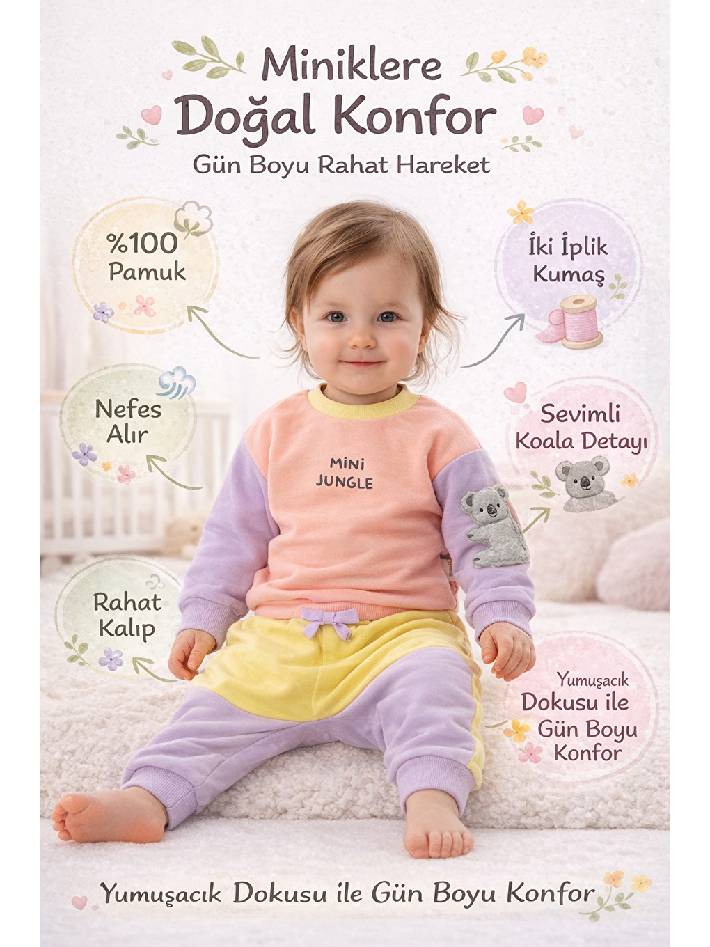 Pembe Kız Bebek Pamuklu Eşofman Takımı Mini Jungle Baskılı İki İplik Rahat Kalıp-4