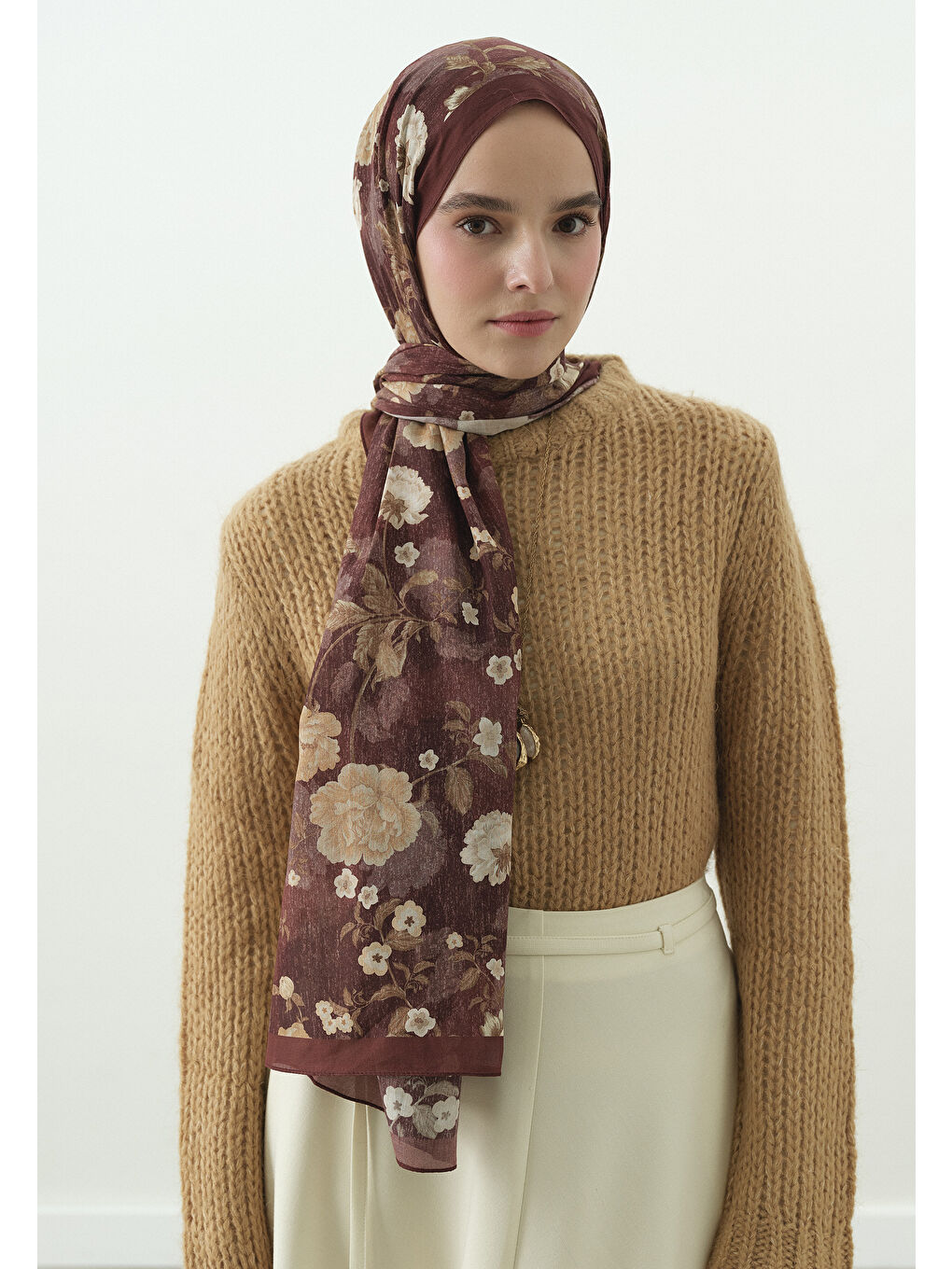 Bordo REVERIE DESENLİ PAMUK VİSKON ŞAL BORDO-1