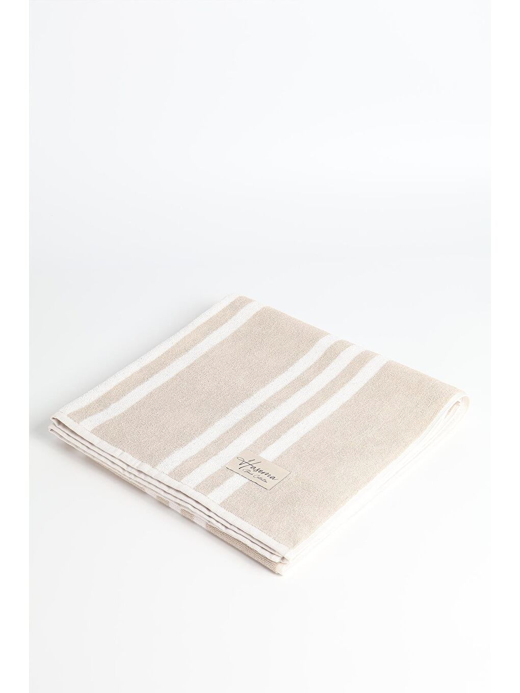 Ekru Bej Şerit Detaylı Beyaz Plaj Havlusu 28-4