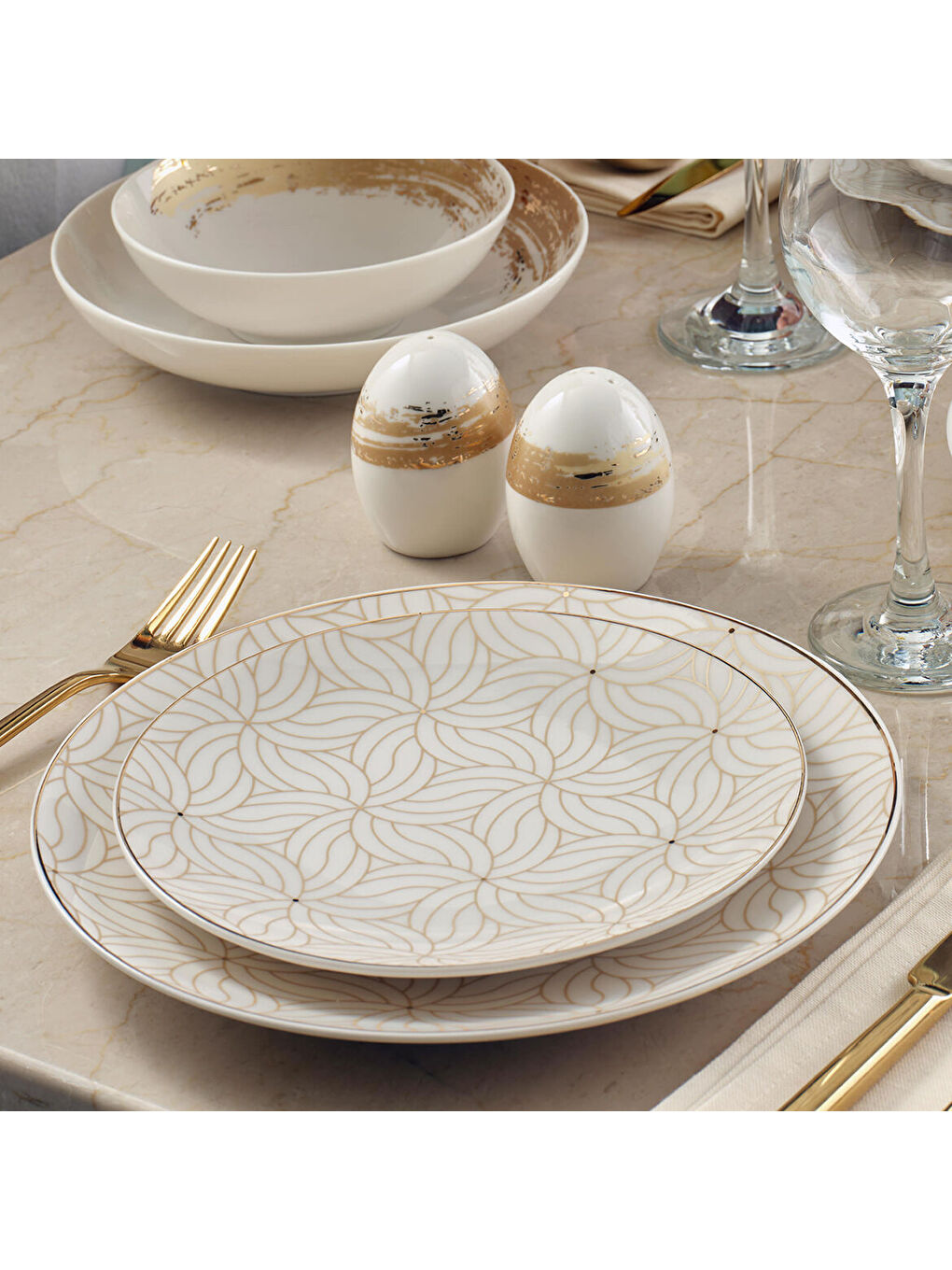 Ekru CAMELİA 54 PARÇA 12 KİŞİLİK YEMEK TAKIMI  GOLD 6420-3