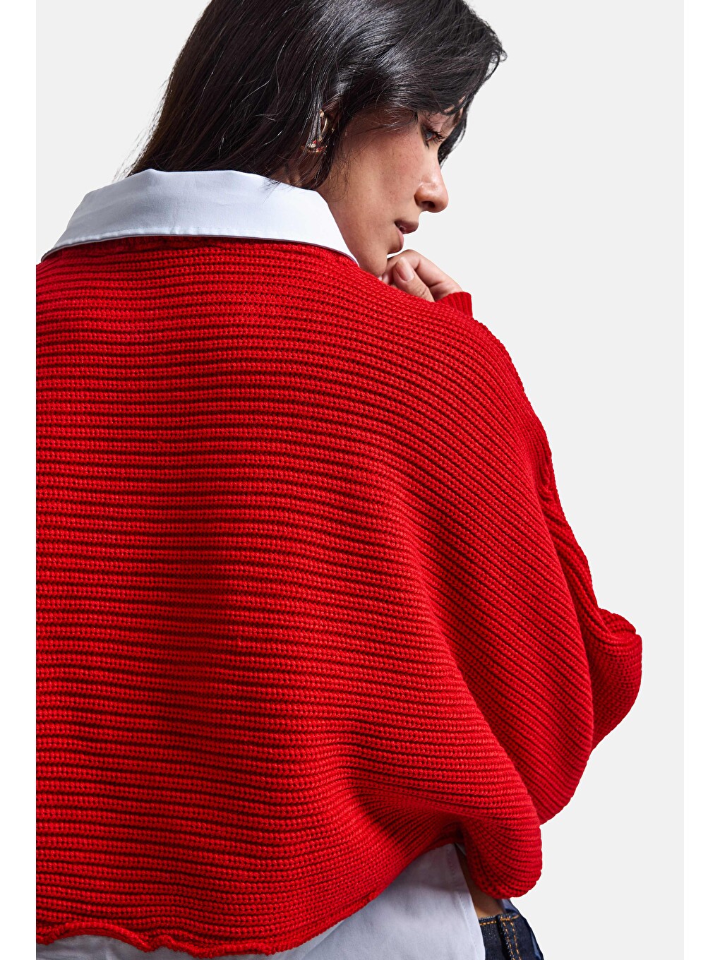 Kadın Kırmızı W6-19 Oversize Tek Parça Gömlek Yaka Detaylı Tasarım Triko Kazak-3